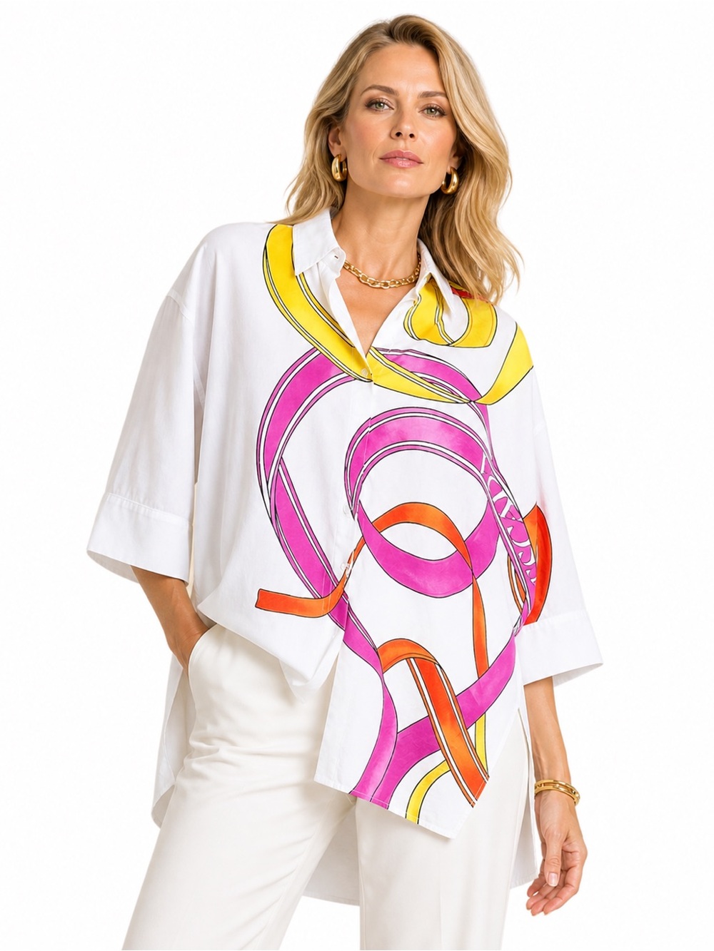 Escada Sport Ribbon Print Tunic Shirt Oversized Button Up Art Blouse White 10